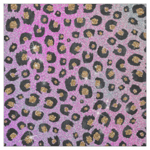 Elegant Pink Blue Gold Glitter Black Leopard Print Fabric