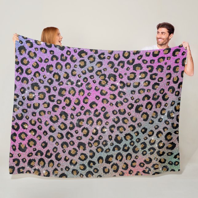 Elegant Pink Blue Gold Glitter Black Leopard Print Fleece Blanket (In Situ)