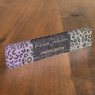 Elegant Pink Blue Gold Glitter Black Leopard Print Nameplate