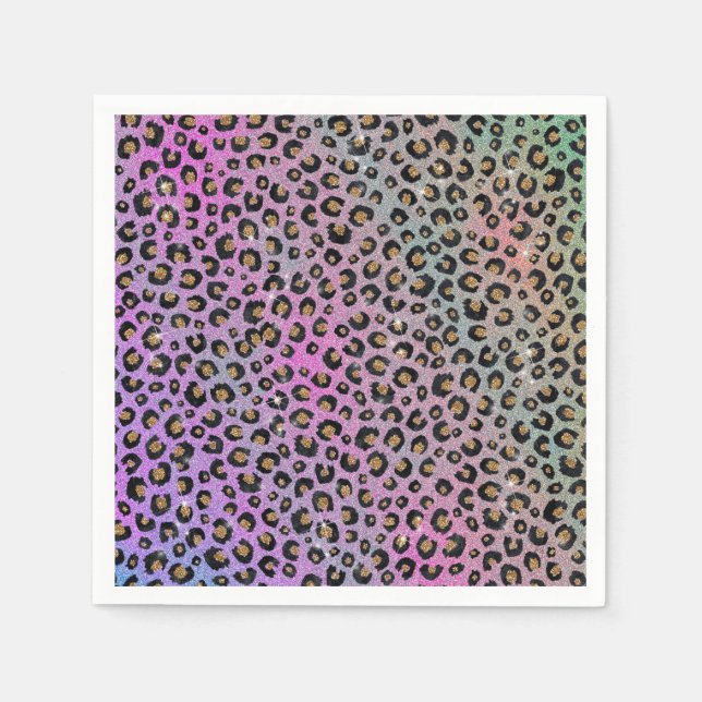 Elegant Pink Blue Gold Glitter Black Leopard Print Napkin (Front)