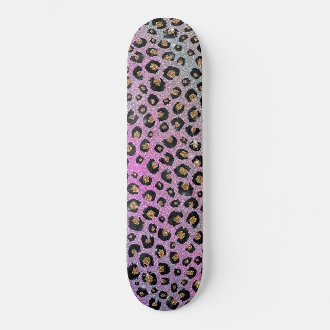 Elegant Pink Blue Gold Glitter Black Leopard Print Skateboard (Front)