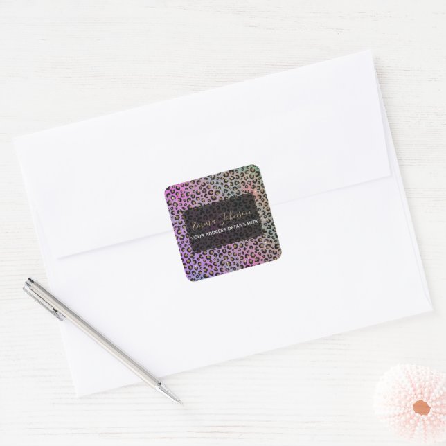 Elegant Pink Blue Gold Glitter Black Leopard Print Square Sticker (Envelope)