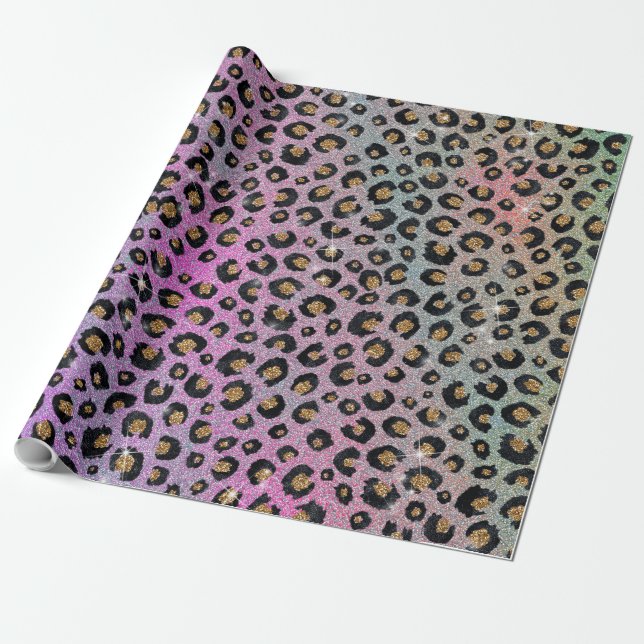 Elegant Pink Blue Gold Glitter Black Leopard Print Wrapping Paper (Unrolled)