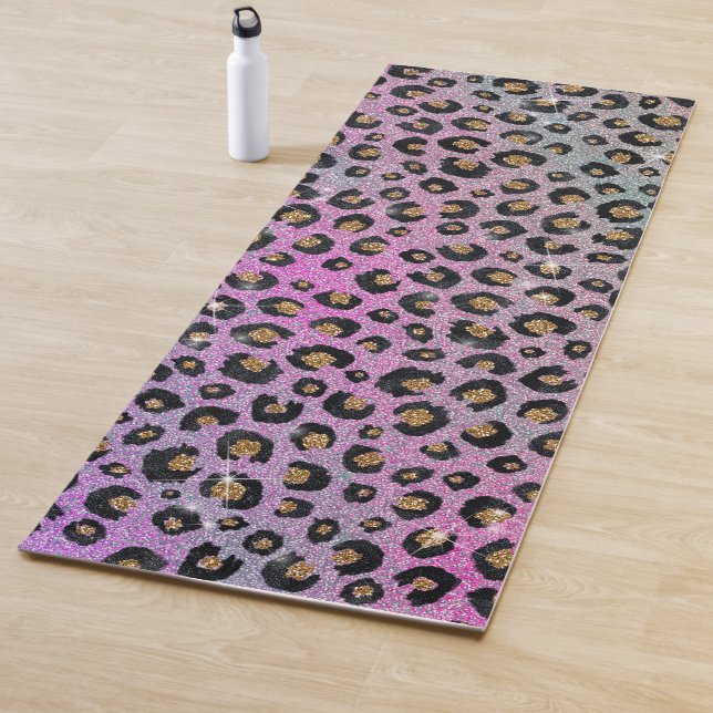 Elegant Pink Blue Gold Glitter Black Leopard Print Yoga Mat (In Situ)