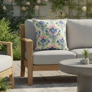 Elegant Pink Blue Green Damask Indoor Outdoor Throw Pillow