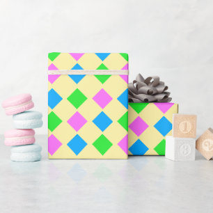 Elegant Pink Blue Green Diamonds Pattern on Yellow Wrapping Paper