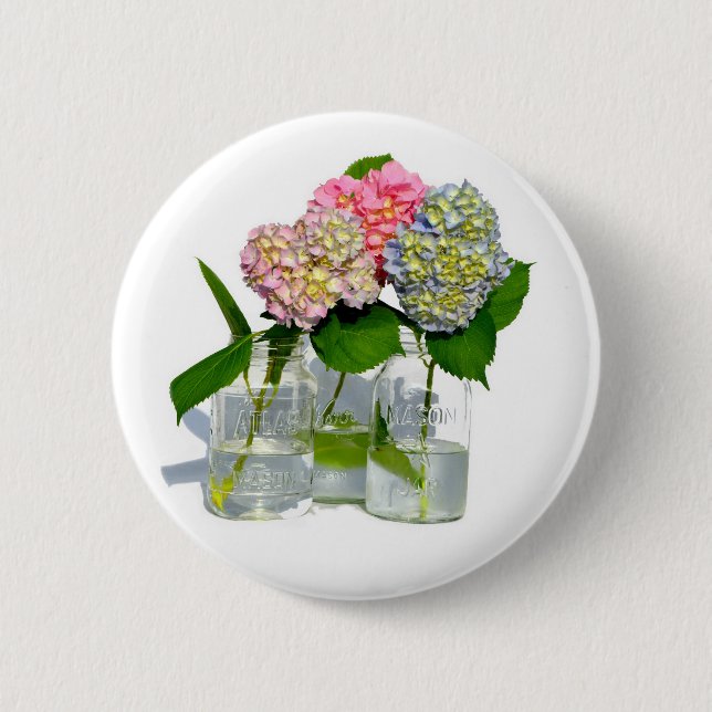 Elegant pink blue green floral hydrangea  2 inch round button (Front)