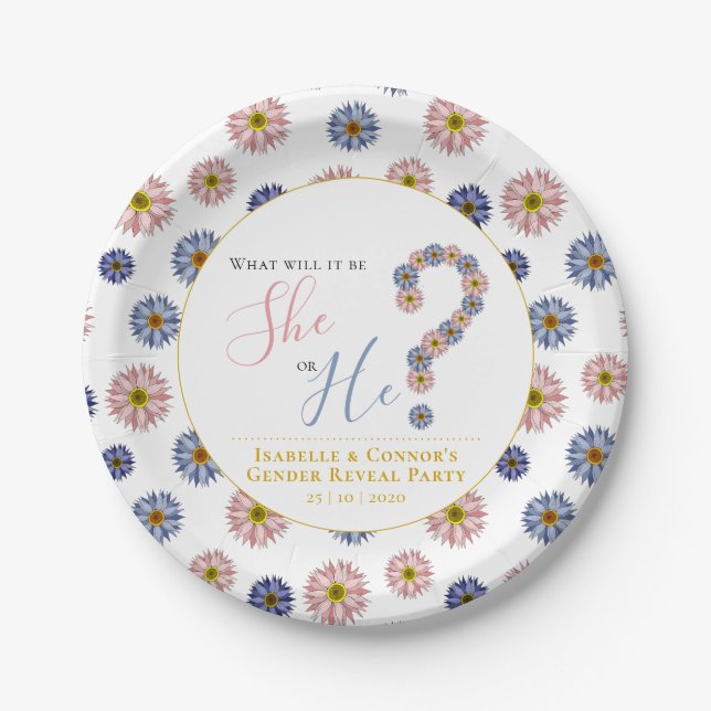 Elegant Pink Blue He or She Floral Gender Reveal Paper Plate (Front)