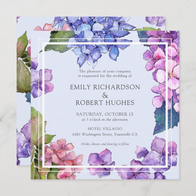 Elegant Pink Blue Hydrangea Floral Wedding Invitation (Front/Back)