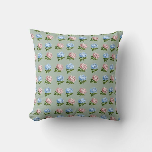 Elegant Pink & Blue Hydrangea Pattern Throw Pillow (Front)