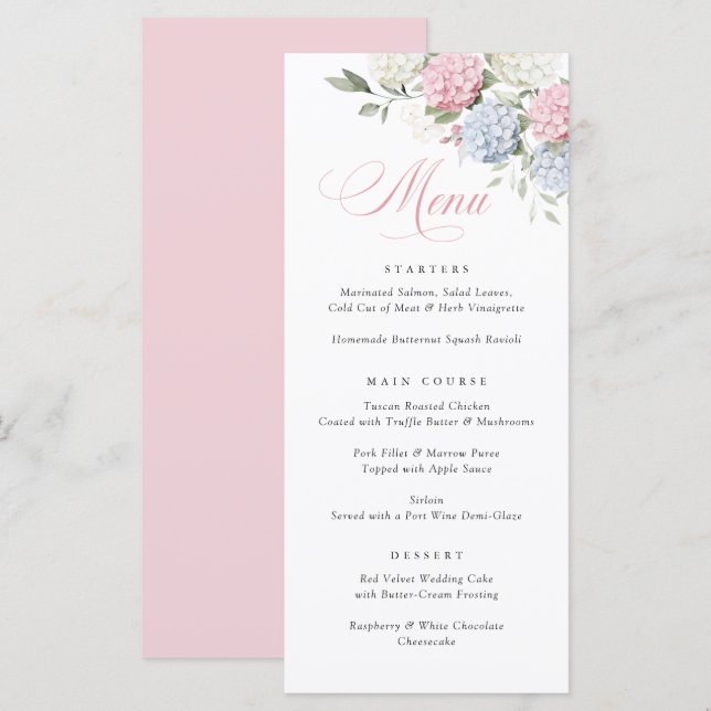 Elegant Pink & Blue Hydrangea Wedding Menu (Front/Back)