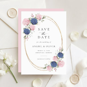 Elegant Pink Blue Hydrangea Wedding Save the Date Invitation