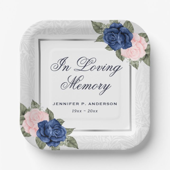 Elegant Pink Blue Silver Floral Memorial Funeral Paper Plate (Front)
