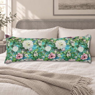 Elegant Pink Blue Watercolor Botanical Monogram Body Pillow