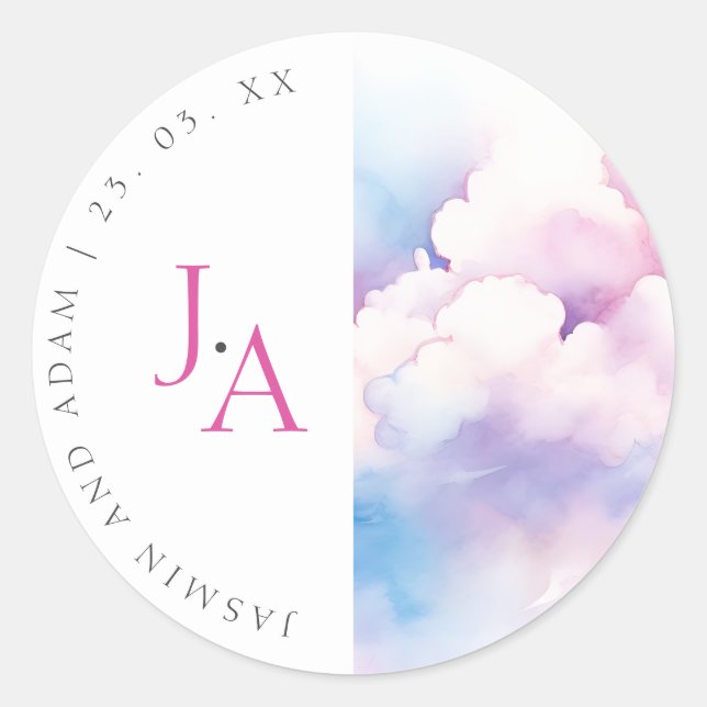 Elegant Pink Blue White Clouds Monogram Wedding Classic Round Sticker (Front)