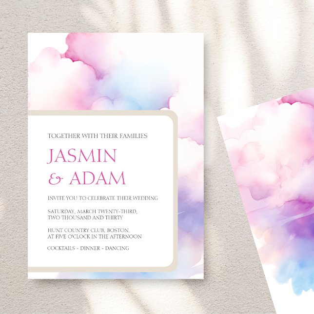 Elegant Pink Blue White Clouds Monogram Wedding Holiday Card (Elegant Pink Blue White Clouds Monogram Wedding Holiday Card)