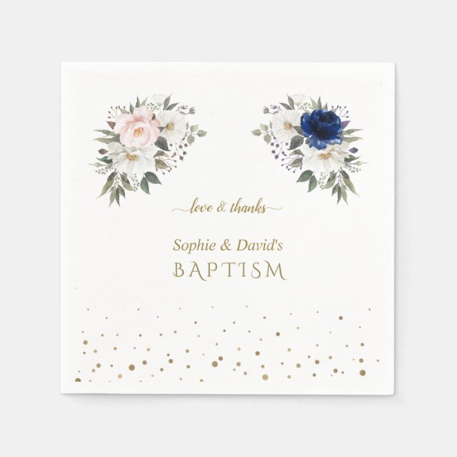 Elegant Pink Blue White Flowers Twins Baptism    Napkin (Front)