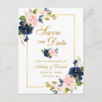 Elegant Pink Blush Blue Floral Gold Save the Date