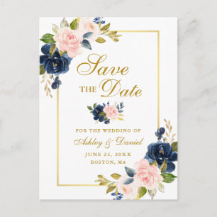Elegant Pink Blush Blue Floral Gold Save the Date Announcement Postcard