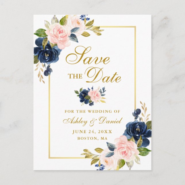 Elegant Pink Blush Blue Floral Gold Save the Date Announcement Postcard (Front)