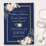 Elegant Pink Blush Blue Floral Wedding Gold Frame Invitation<br><div class="desc">Elegant Watercolor Pink Blush Blue Floral Wedding Gold Invitation Card</div>