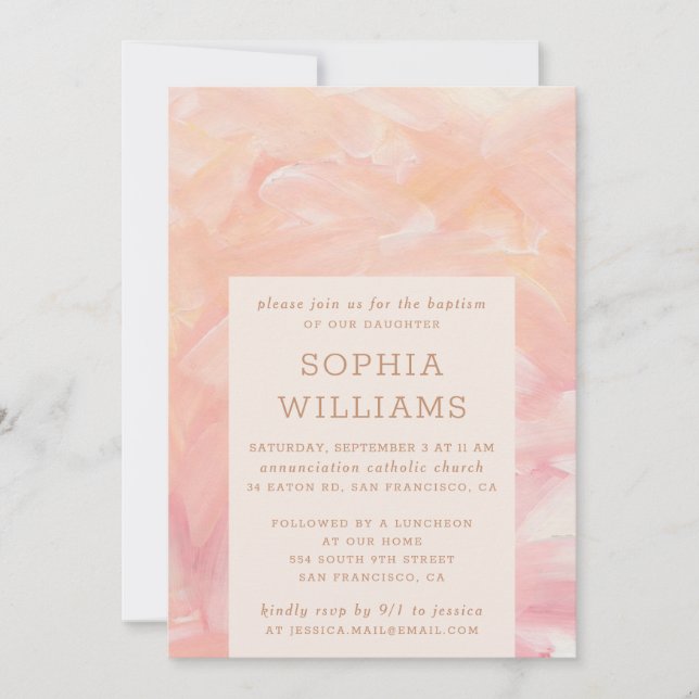 Elegant pink blush brushstrokes painted baptism invitation (Front)