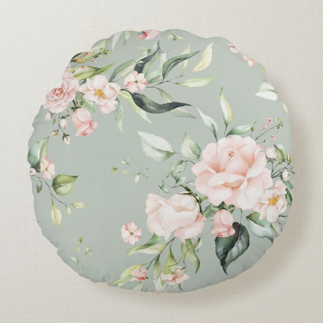 Elegant Pink Blush Eucalyptus Green Round Pillow (Front)
