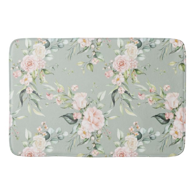 Elegant Pink Blush Eucalyptus Sage Green Bath Mat (Front)