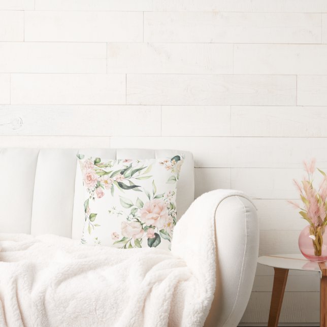 Elegant Pink Blush Eucalyptus White Throw Pillow (Couch)