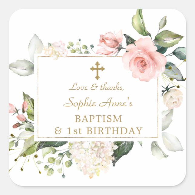 Elegant Pink Blush Floral 1st Birthday Baptism Square Sticker (Front)