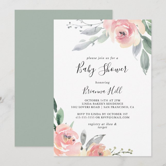 Elegant Pink Blush Floral Baby Shower Invitation (Front/Back)