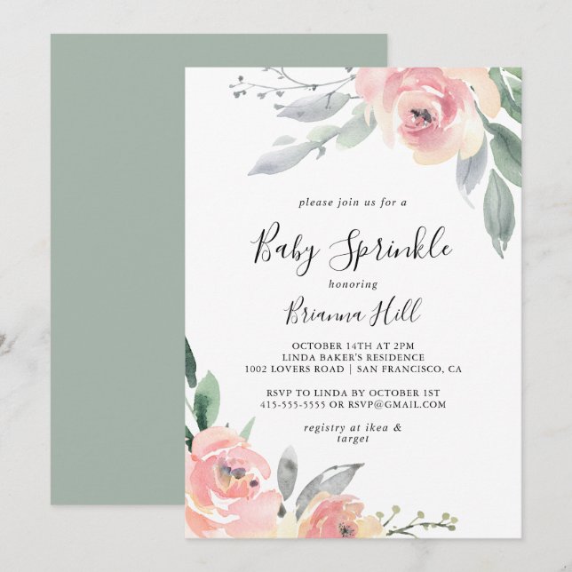 Elegant Pink Blush Floral Baby Sprinkle Invitation (Front/Back)