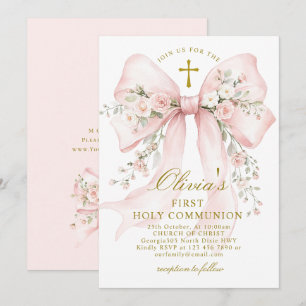 Elegant Pink Blush Floral Bow First Holy Communion Invitation