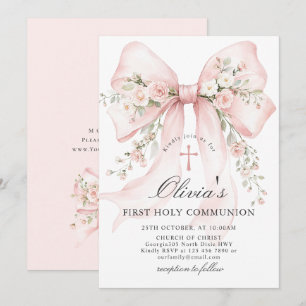 Elegant Pink Blush Floral Bow First Holy Communion Invitation