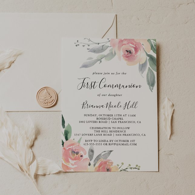 Elegant Pink Blush Floral First Communion Invitation (Creator Uploaded)
