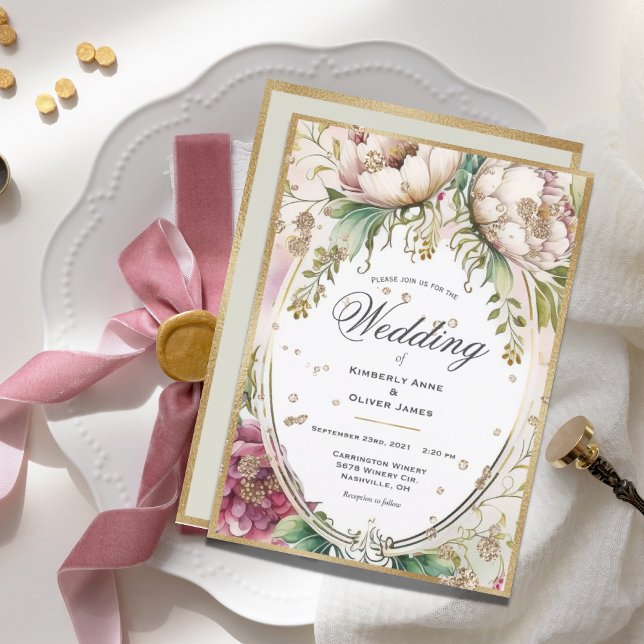 Elegant Pink Blush Floral Gold Wedding Invitation (Creator Uploaded)