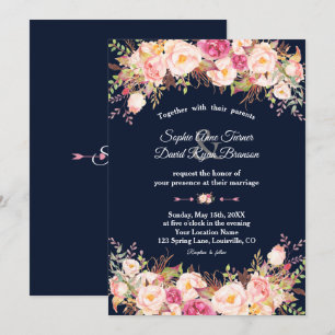 Elegant Pink Blush Floral Navy Blue Wedding Invitation