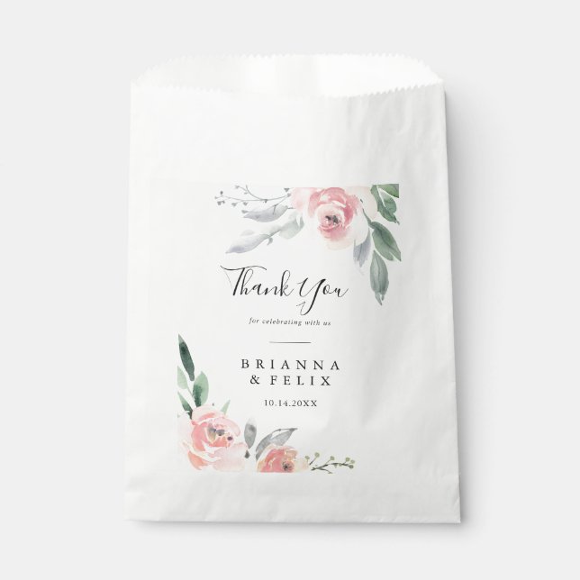 Elegant Pink Blush Floral Thank You Wedding Favour Bag (Front)