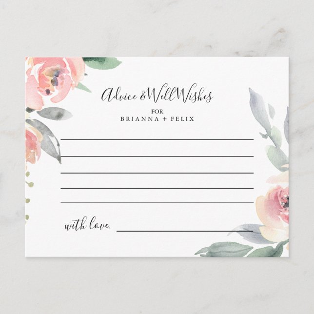 Elegant Pink Blush Floral Wedding Advice Card (Front)