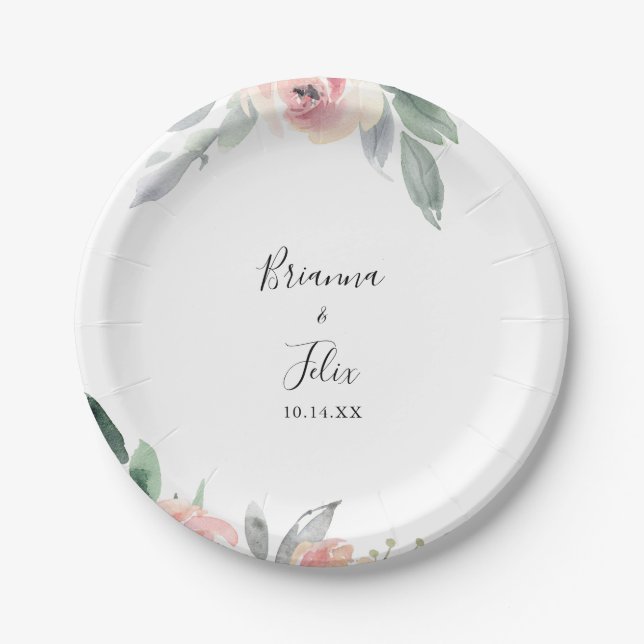 Elegant Pink Blush Floral Wedding Cake Paper Plate (Front)