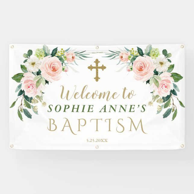 Elegant Pink Blush Flowers Baptism Welcome Sign (Horizontal)