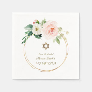 Elegant Pink Blush Flowers Gold Bat Mitzvah Napkin