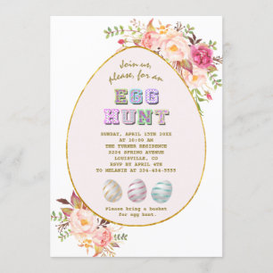 Elegant Pink Blush Flowers Gold Egg Hunt Easter Invitation