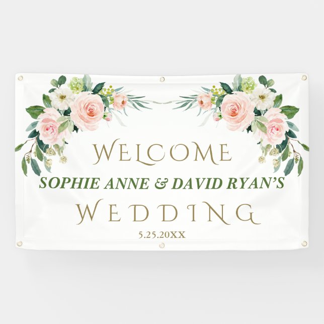 Elegant Pink Blush Flowers Wedding Welcome Sign (Horizontal)