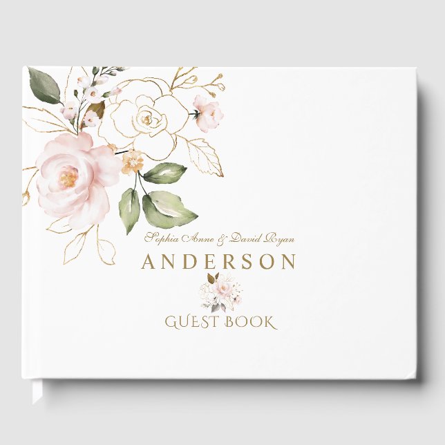 Elegant Pink Blush Gold Flowers Monogram Wedding Guest Book (Front)