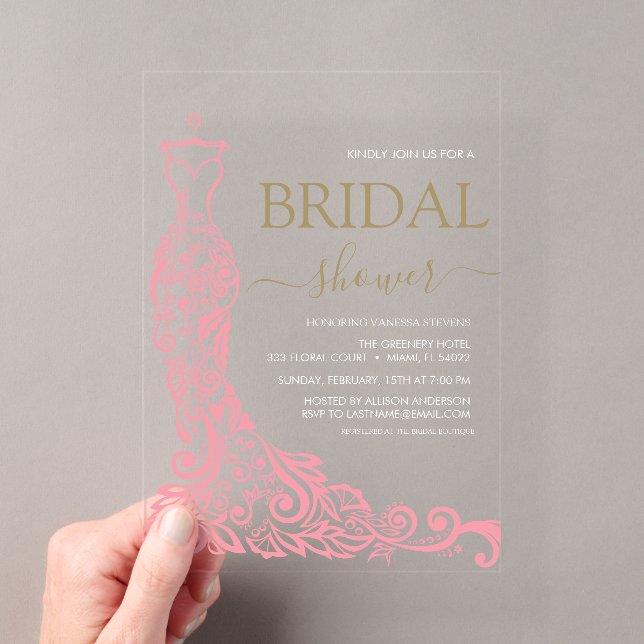 Elegant Pink Blush Gown Bridal Shower Acrylic Invitations (Insitu (Handheld))
