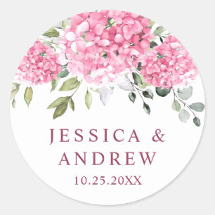 Elegant Pink Blush Hydrangea Eucalyptus Wedding Classic Round Sticker