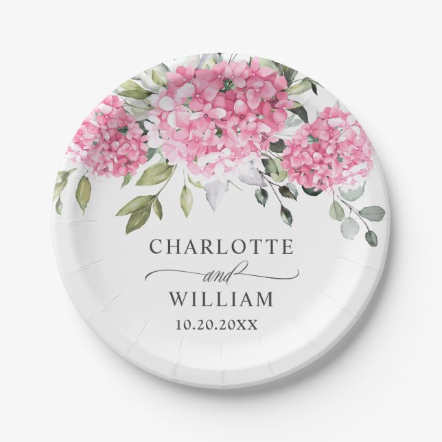 Elegant Pink Blush Hydrangea Eucalyptus Wedding Paper Plate (Front)
