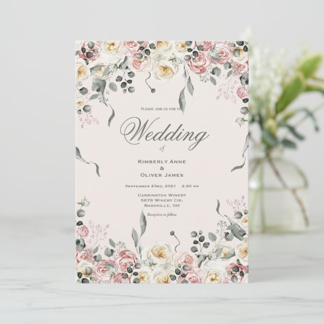 Elegant Pink Blush Ivory Floral Wedding Invitation (Standing Front)