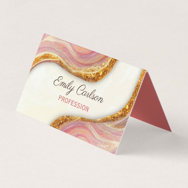 Elegant pink blush marble art faux gold glitter bu business card (Front)